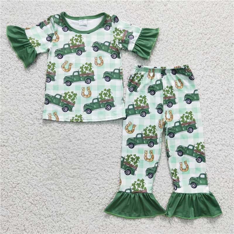 RTS NO MOQ St. Patrick's Four Leaf Clover Short Sleeve Pants Suit