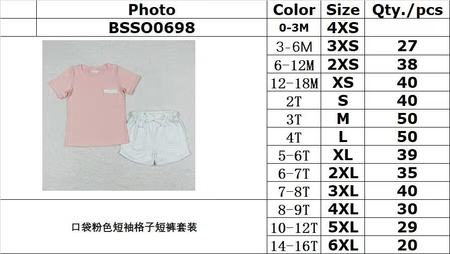 BSSO0698 Pocket Pink Short Sleeve Plaid Shorts Suit