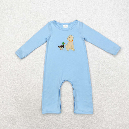 rts no moq LR0994 Embroidered duck and puppy blue long-sleeved jumpsuit