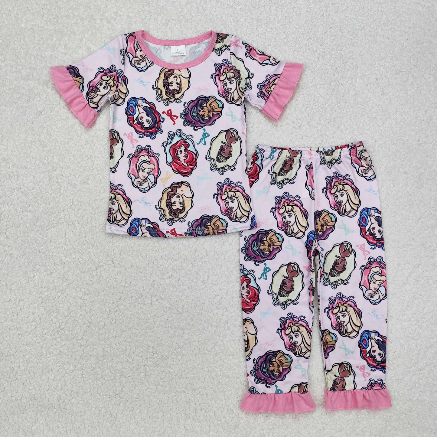 RTS NO MOQ ETA 5/7days Arrived GSPO1846 cartoon colorful bow pattern pink lace short-sleeved long pants pajamas set