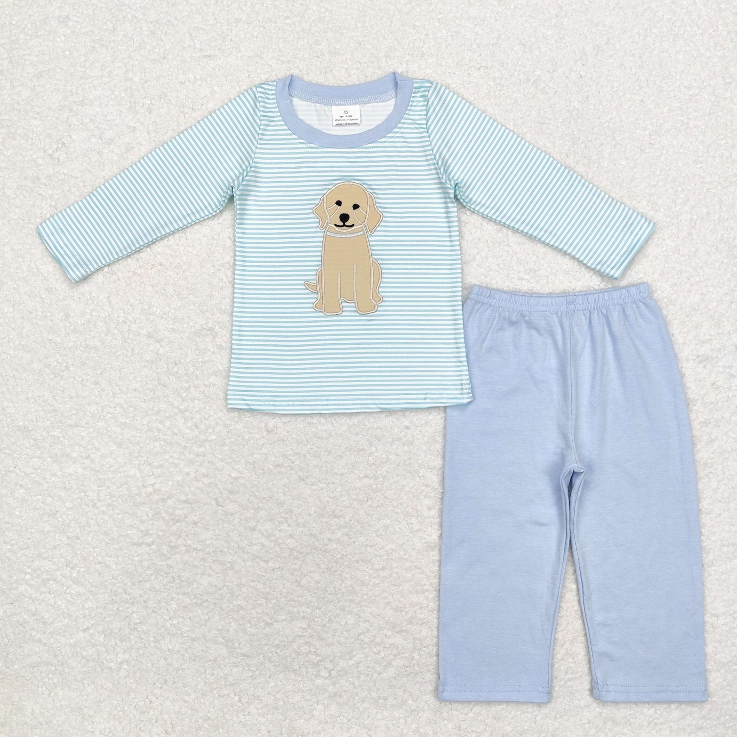 rts no moq BLP0592 Embroidered Puppy Stripe Long Sleeve Blue Pants Set