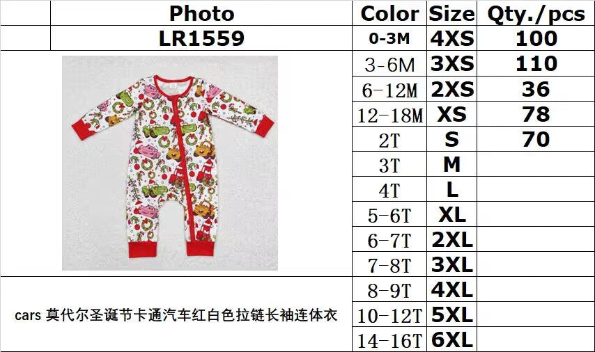 BAMBOO RTS NO MOQ ETA 5/7days LR1559 cars Modal Christmas cartoon car red and white zipper long sleeve jumpsuit