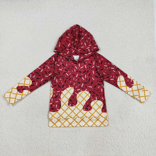 RTS NO MOQ（In Stock) BT1273 Waffle ice cream dark red hooded long-sleeved top