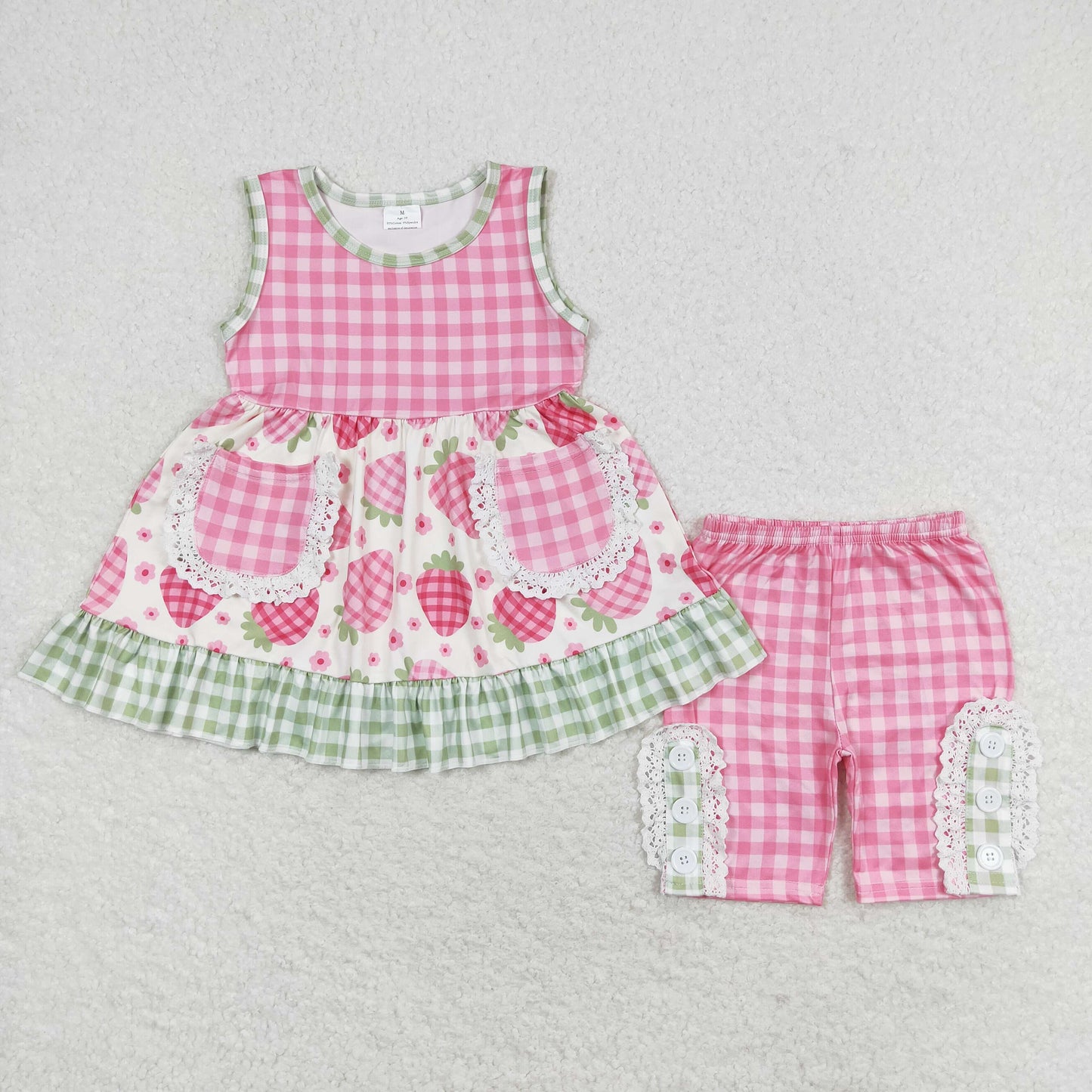 rts no moq GSSO1183 Flower strawberry green plaid lace sleeveless shorts set