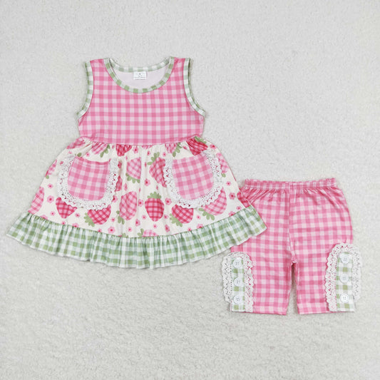 rts no moq GSSO1183 Flower strawberry green plaid lace sleeveless shorts set