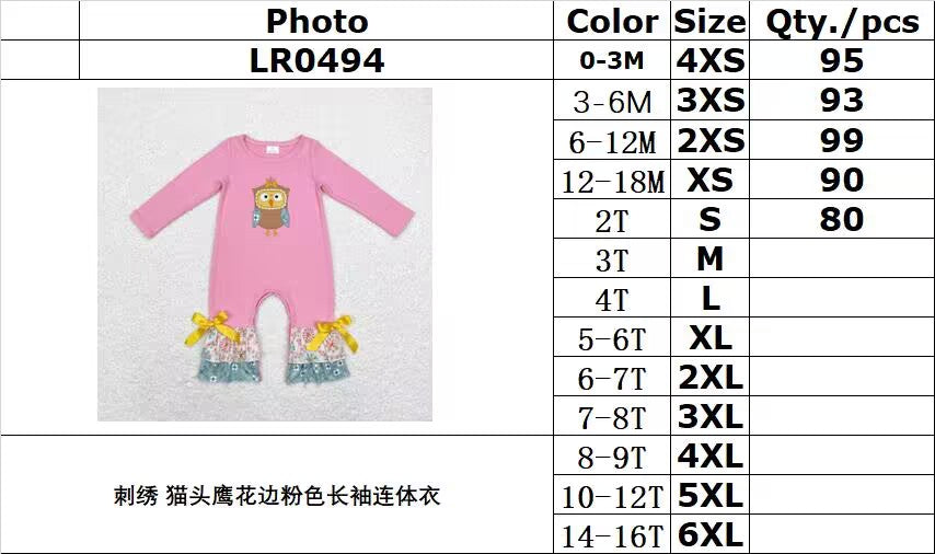 rts no moq LR0494 Embroidered owl lace pink long sleeve bodysuit