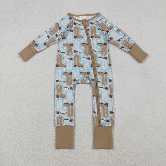 RTS NO MOQ（In Stock) LR2734 Boots and Stars Brown Zippered Long-Sleeved Bodysuit