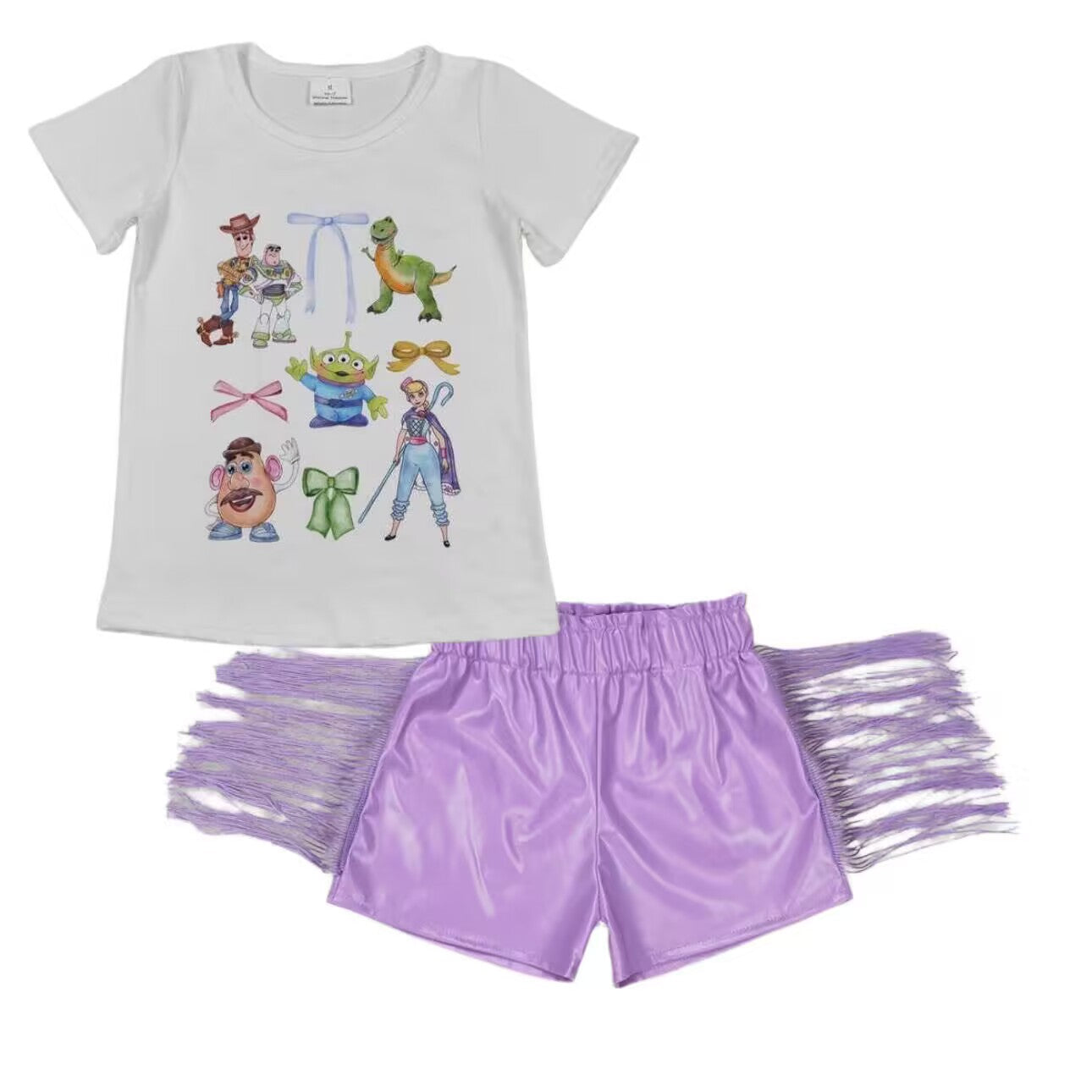 RTS NO MOQ GT0571+SS0251 Toy Story Dinosaur Bow White Short Sleeve Top Purple Shiny Leather Tassel Shorts sets