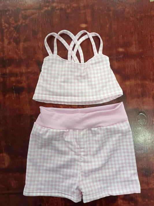 custom moq 5 eta 4-6weeks summer team baby girls clothes pink and white grid sleeveless shorts sets