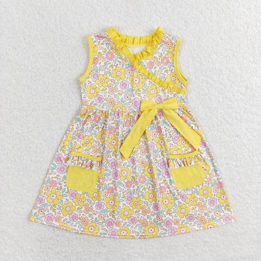 RTS no moq GSD1216 Flower floral yellow lace pocket bow sleeveless dress