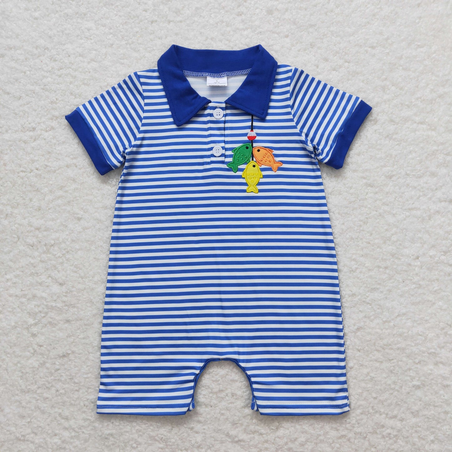 RTS NO MOQ（In Stock) SR1045 Embroidered Fishing Blue Striped Short Sleeve Jumpsuit