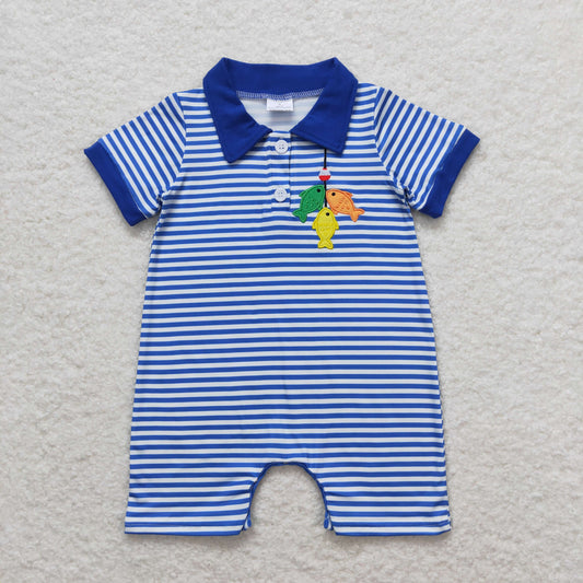 RTS NO MOQ（In Stock) SR1045 Embroidered Fishing Blue Striped Short Sleeve Jumpsuit