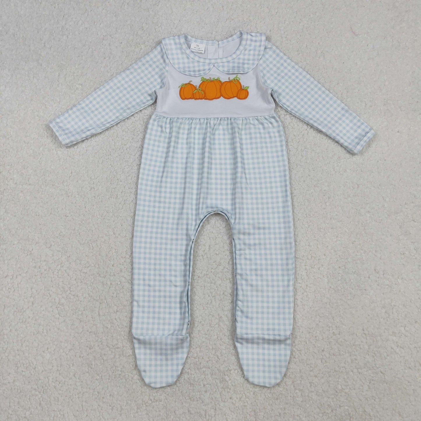 RTS NO MOQ（In Stock) LR2560 Embroidered pumpkin blue plaid doll collar long-sleeved bodysuit
