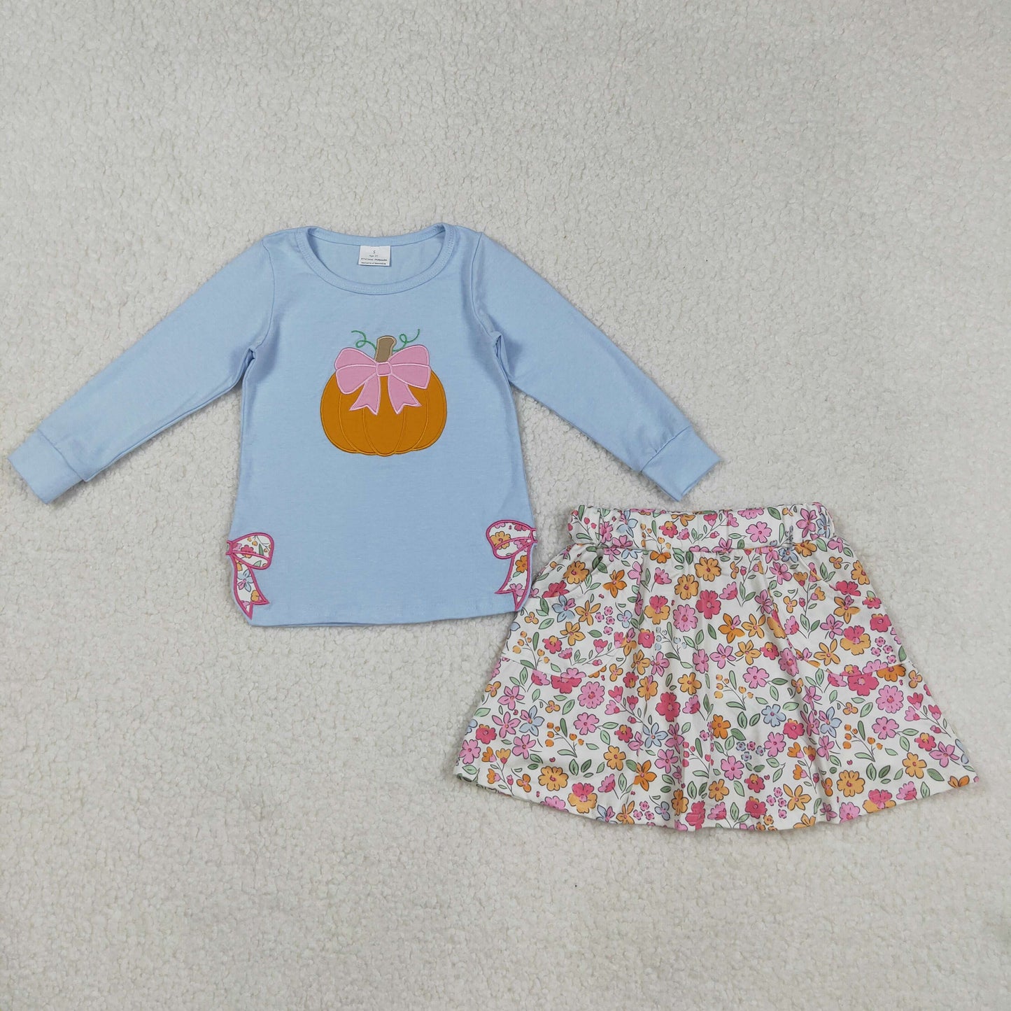RTS NO MOQ（In Stock) GLD1172 Embroidered pumpkin blue long-sleeved floral beige culottes set with a bow pattern