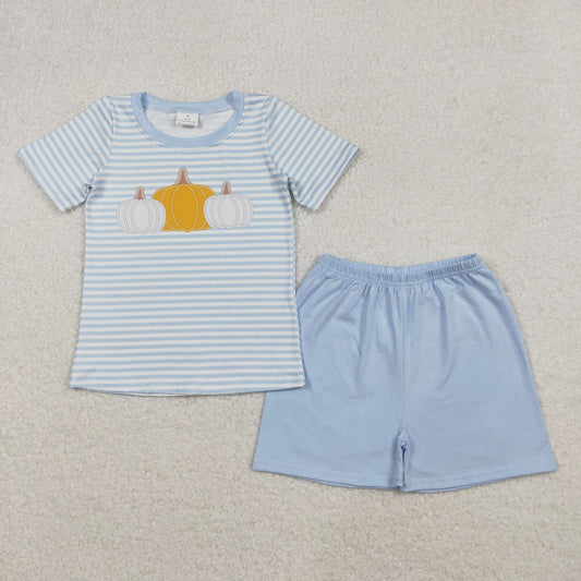 RTS NO MOQ（In Stock) BSSO1548 Pumpkin blue striped short-sleeved shorts set