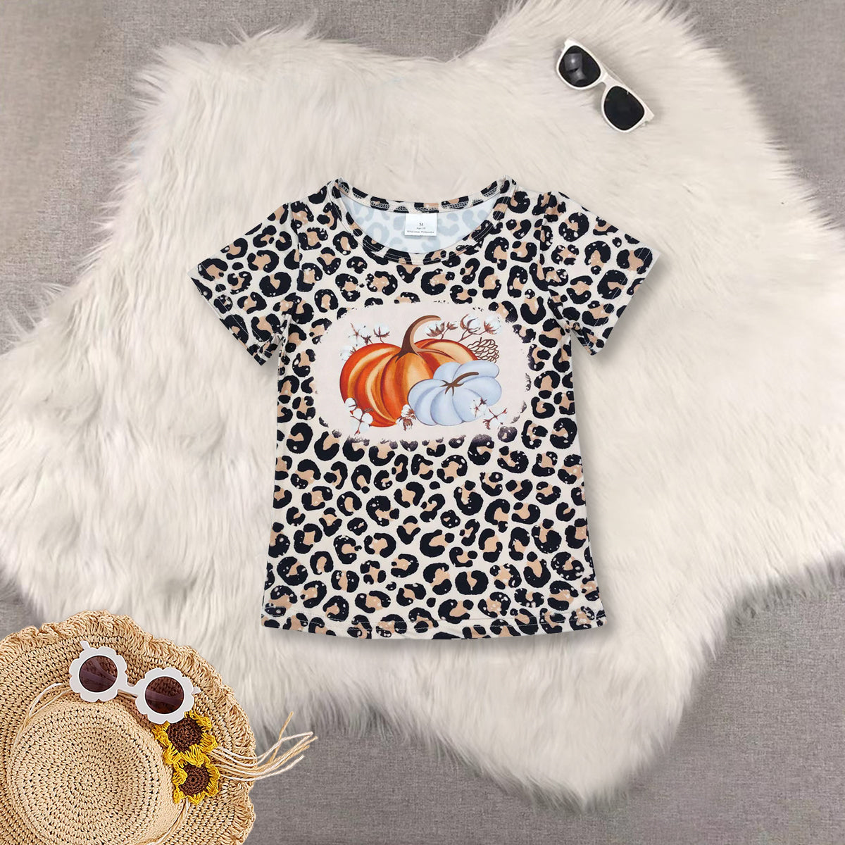 RTS NO MOQ Sibling baby girls clothes pumpkin leopard Short Sleeve Suit  & Top and shorts