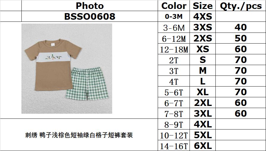 BSSO0608 (3/6m-7/8t)Embroidered duck light brown short-sleeved green and white plaid shorts suit