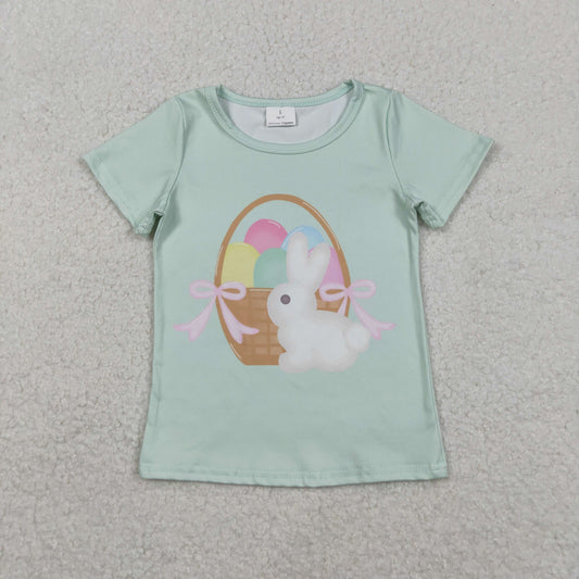 RTS NO MOQ（In Stock) GT1396 Easter Egg Basket Bunny Bow Pattern Lake Green Short-Sleeve Top