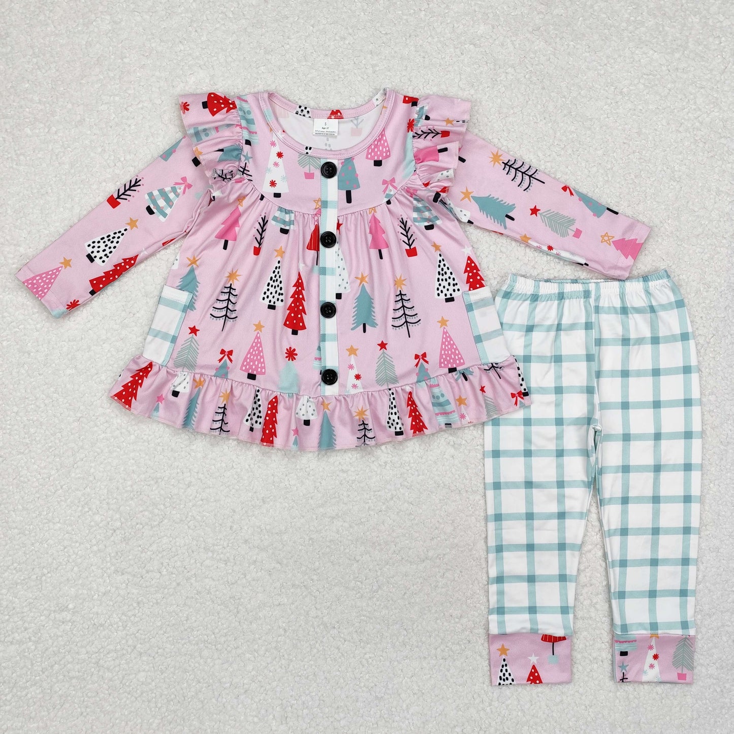 RTS NO MOQ ETA 5/7days Arrived GLP1998 Christmas tree blue green plaid pocket pink long sleeve pants set