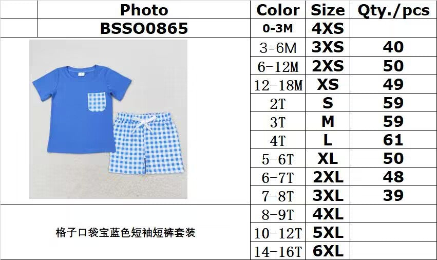 rts no moq BSSO0865 plaid pocket royal blue short sleeve shorts set