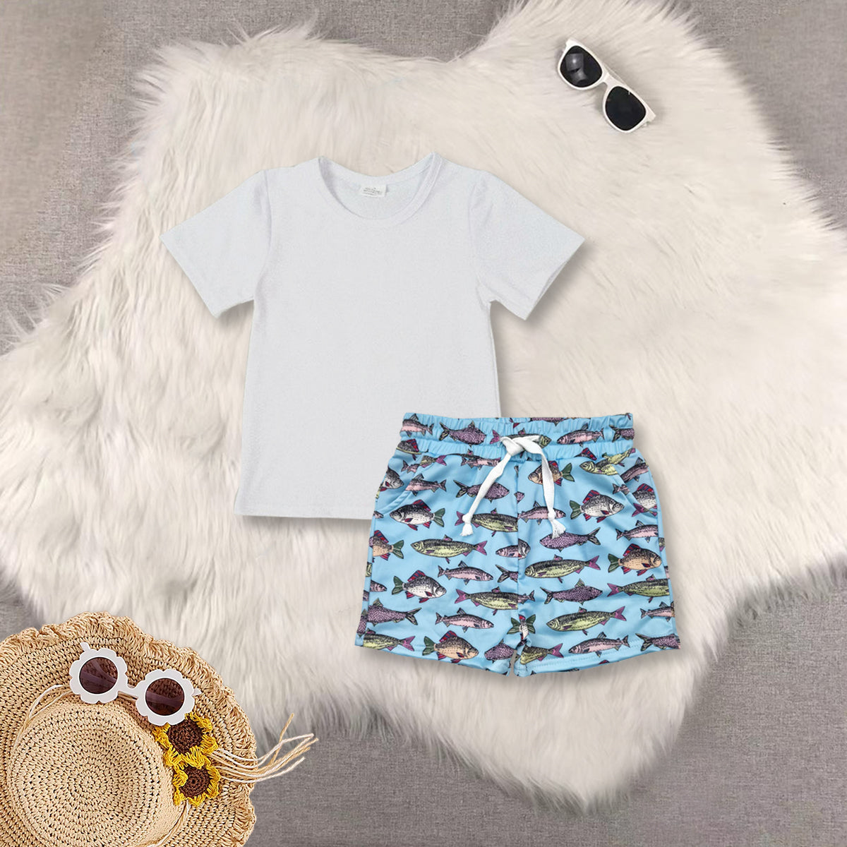 RTS NO MOQ Sibling baby boys clothes white Short Sleeve Suit  & Top and swimtrunks