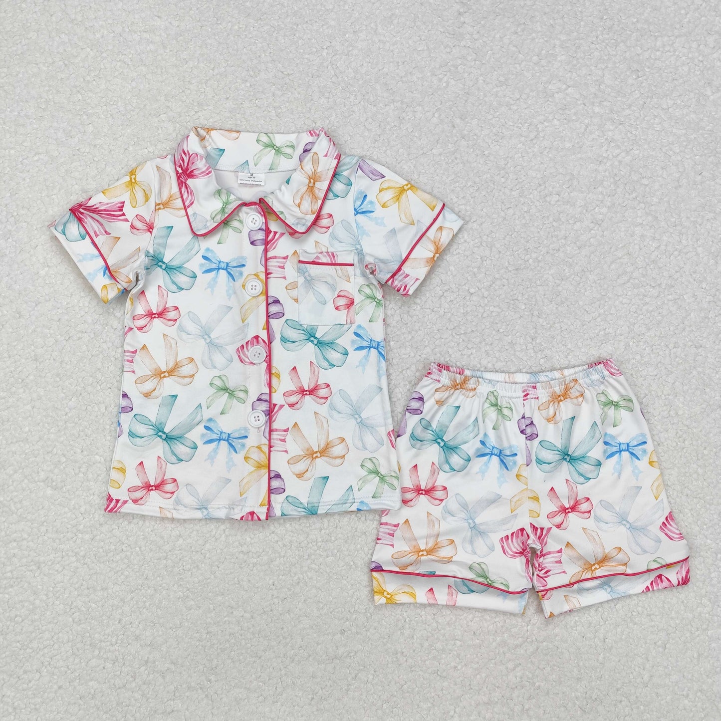 RTS NO MOQ ETA 5/7days Arrived GSSO1478 White short-sleeved shorts pajama set with colorful bow pattern