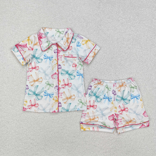 RTS NO MOQ ETA 5/7days Arrived GSSO1478 White short-sleeved shorts pajama set with colorful bow pattern