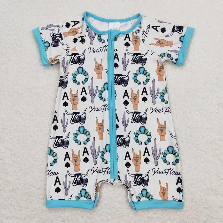 RTS NO MOQ Baby Boys Galloping Horse Short Zip-Up Romper