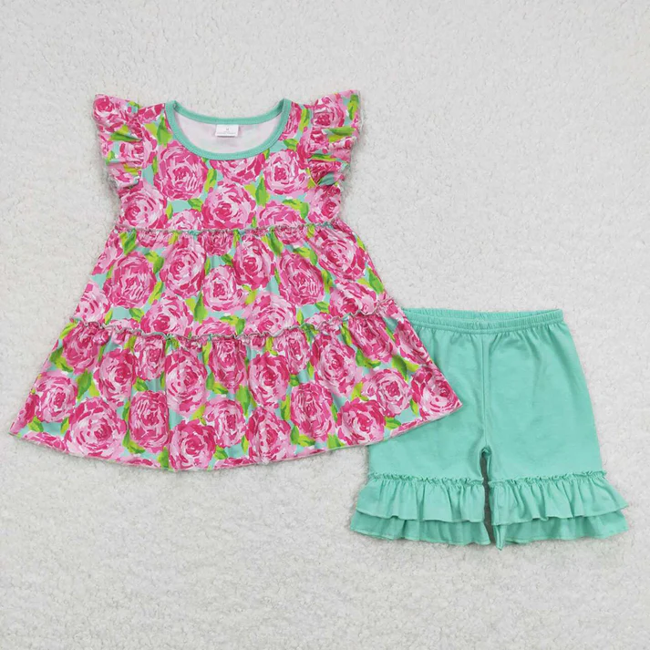 RTS NO MOQ Baby Girls Colorful Floral Pattern Fly Sleeve Top Lace-up Shorts Set