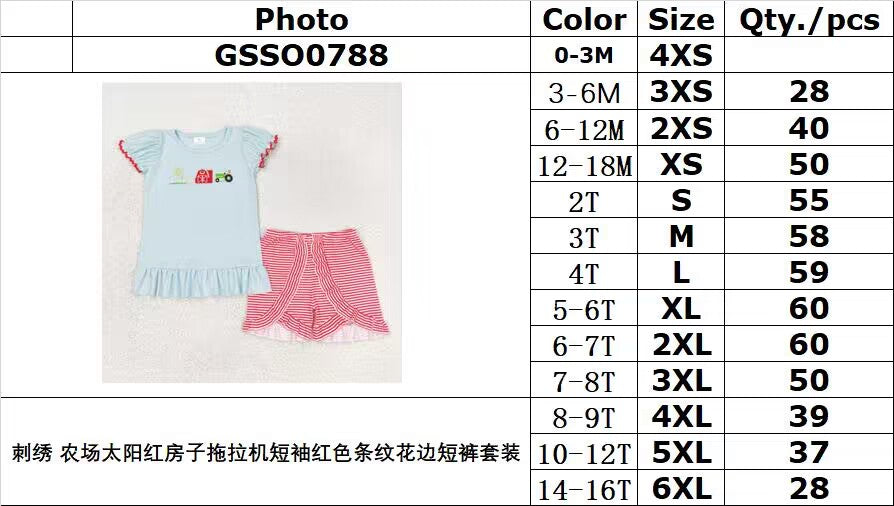 rts no moq GSSO0788 Embroidery Farm Sun Red House Tractor Short Sleeve Red Striped Lace Shorts Suit