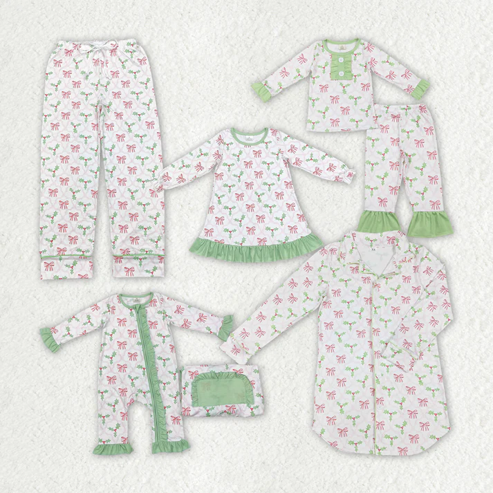 RTS NO MOQ Mommy Baby Girls Christmas Bows Holly Pajamas Clothes Sets