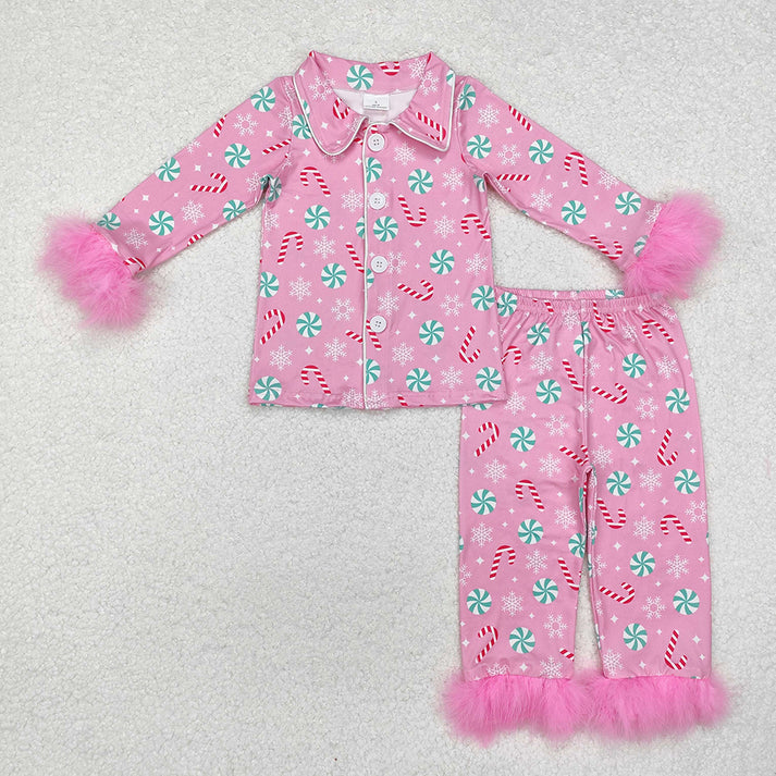 RTS NO MOQ Baby Girls and adults women Christmas Striped Candy Cane-Candy Pink Plush Button Long Sleeve Long Pants Pajama Set