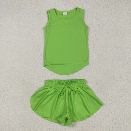 RTS NO MOQ Baby girls GT0985+SS0548 Solid green sleeveless vest yoga top shorts sets