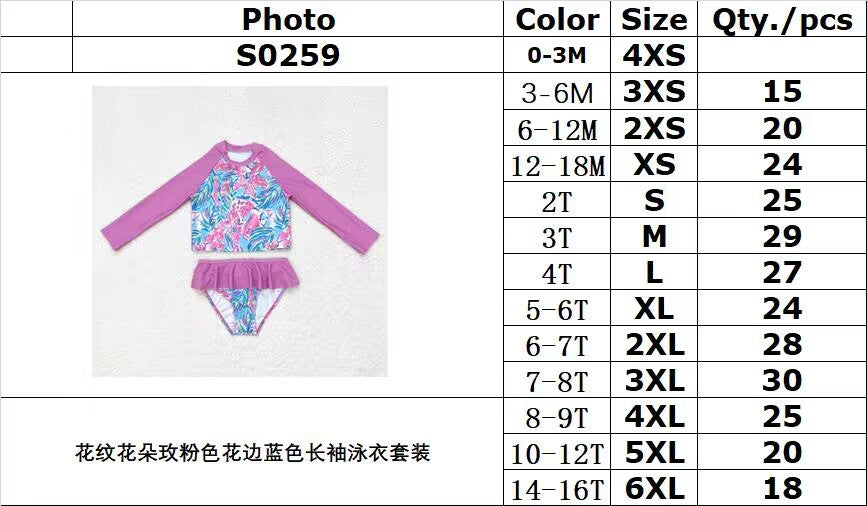 rts no moq S0259 Flower pattern rose pink lace blue long-sleeved swimsuit set