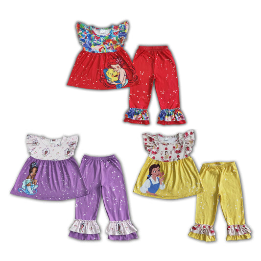 RTS NO MOQ GSPO0058 GSPO0057 GSPO0034 Cartoon Princess Pattern Fly Sleeve Top & Double Ruffle Hem Trousers Set