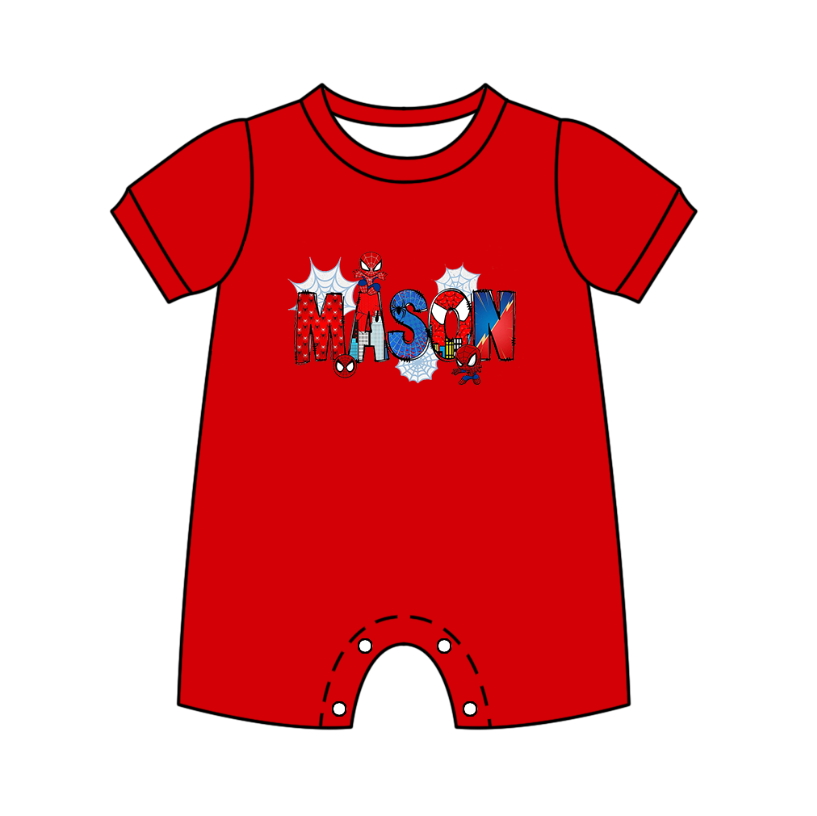 Custom moq 5 mix size milk silk baby boy clothes cartoon red short sleeve romper
