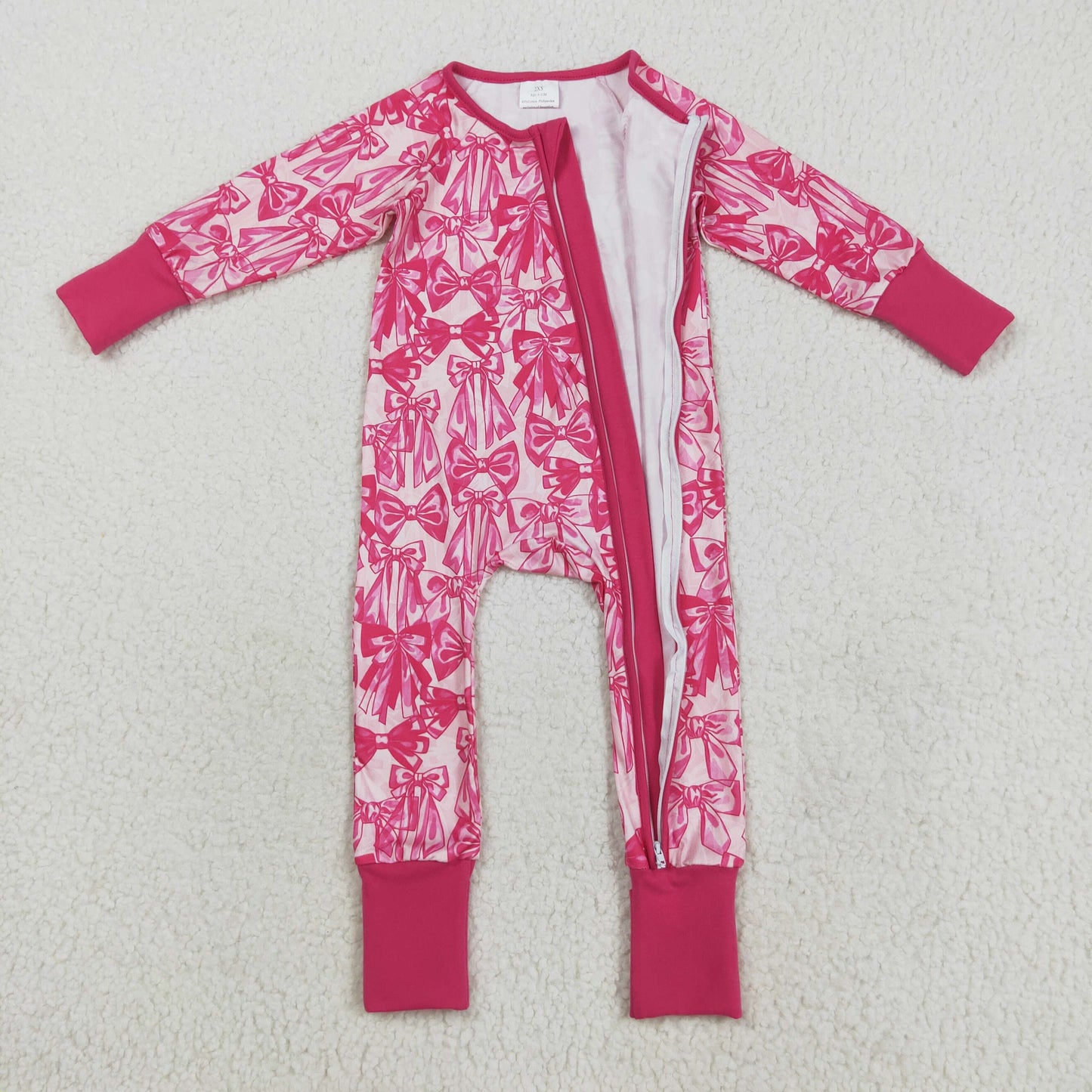 RTS NO MOQ（In Stock) LR2365 Rose Red Bow Pattern Zippered Long Sleeve Bodysuit