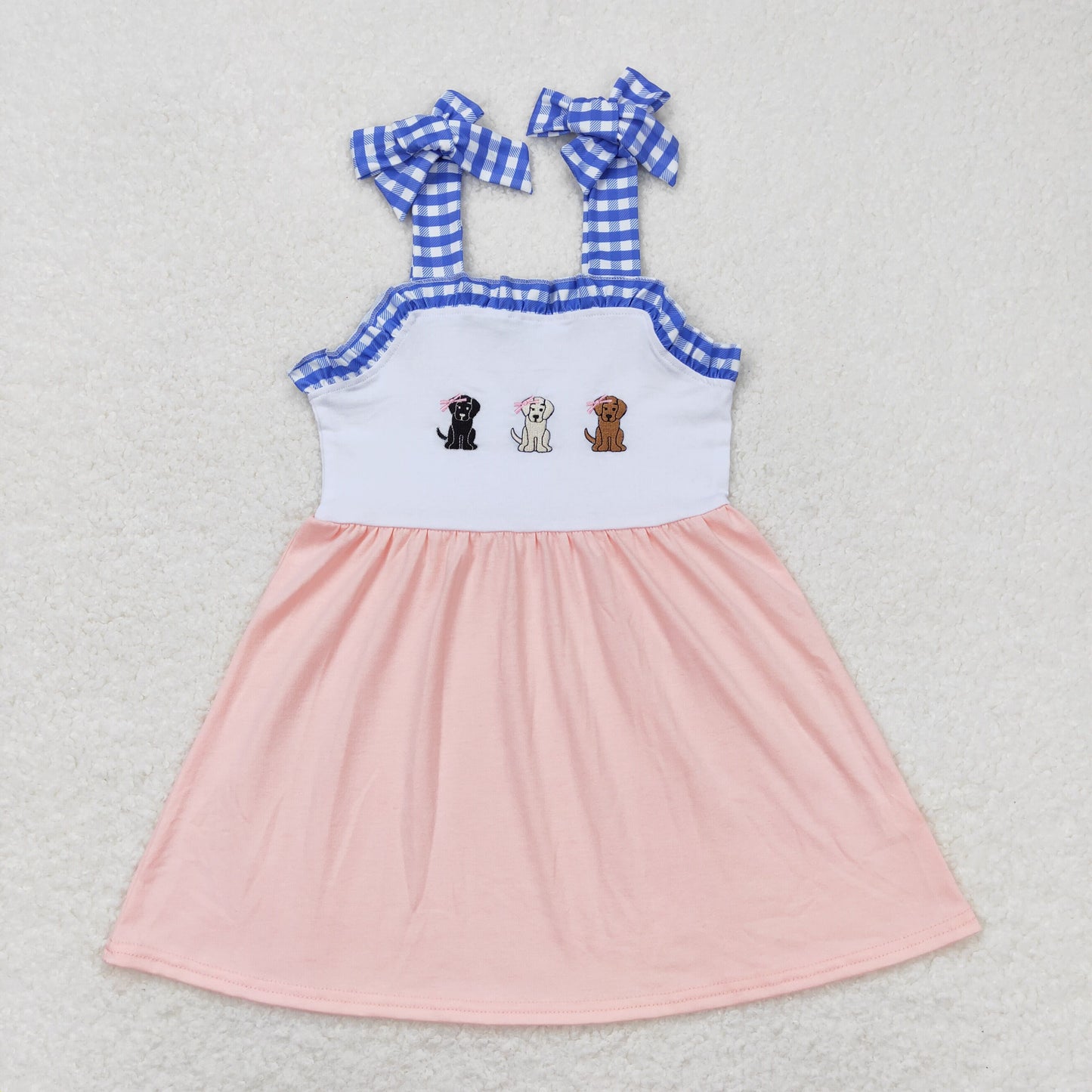 GSD0834 Embroidery three bow puppies blue and white plaid pink suspender dress