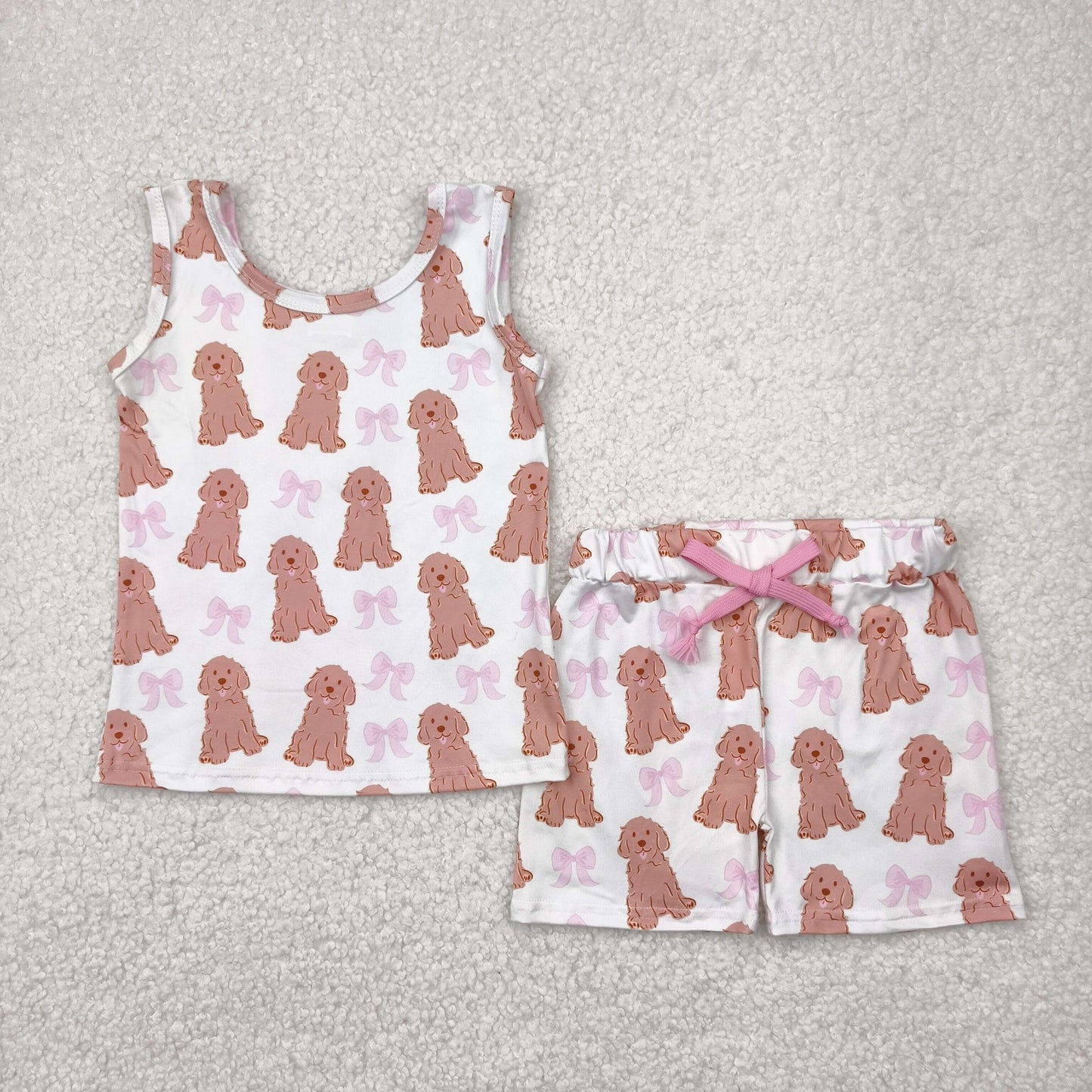 RTS NO MOQ GSSO2475 White sleeveless shorts set with puppy pink bow pattern