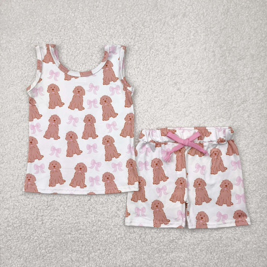 RTS NO MOQ GSSO2475 White sleeveless shorts set with puppy pink bow pattern