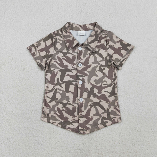 RTS NO MOQ（In Stock) BT1562 Duck Pattern Brown Button-Up Short-Sleeve Top