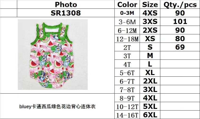 RTS no moq SR1308 bluey cartoon watermelon green lace vest jumpsuit