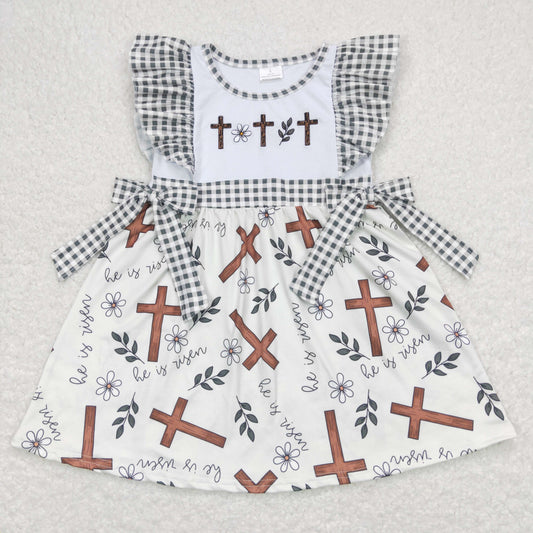 GSD0680 Embroidered he is risen cross floral plaid bow beige short-sleeved dress