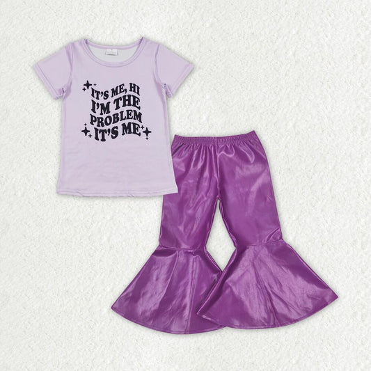 GT0432+P0419  problem letter purple short-sleeved top Purple flared leather pants