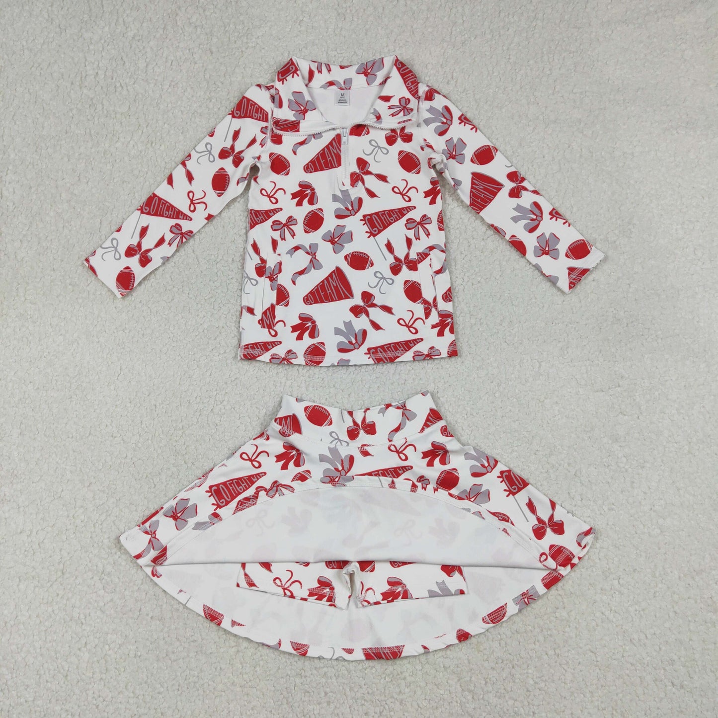 RTS NO MOQ（In Stock) Football red flared bow pattern zippered long-sleeved yoga top skirt set