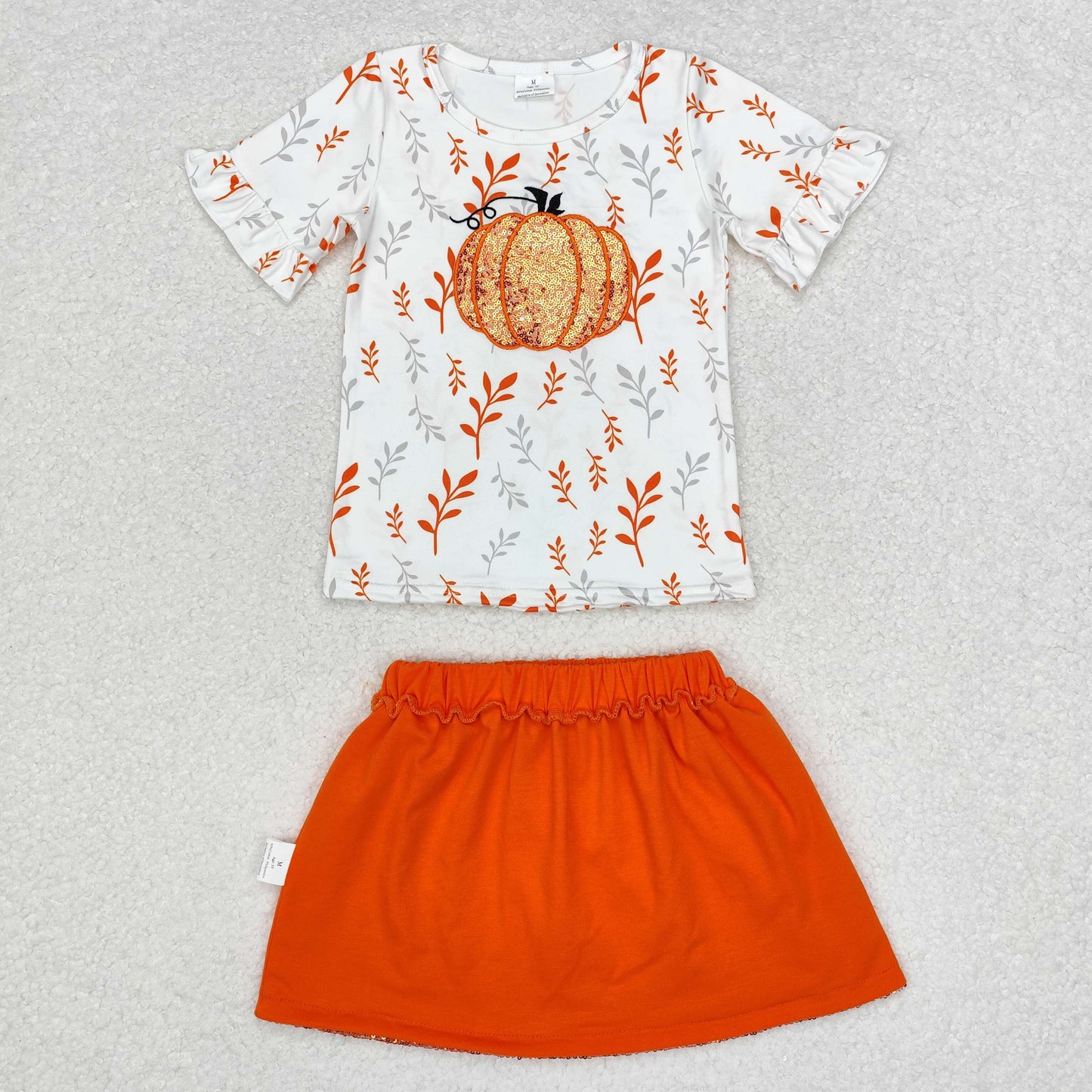 RTS NO MOQ ETA 5/7days GSD1399 Embroidered pumpkin white short sleeve orange sequin skirt suit-GSD1437组合