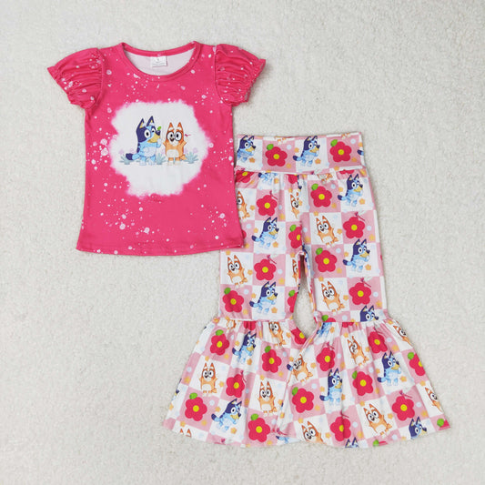 RTS no moq GSPO1275 bluey flower pink and white plaid rose red short-sleeved trousers set