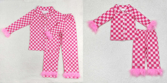 RTS NO MOQ RTS NO MOQ Mommy and me Plush edge rose red plaid long-sleeved trousers pajamas set