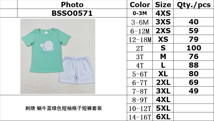 BSSO0571 Embroidered snail teal short-sleeved plaid shorts suit(3/6m-7/8t)