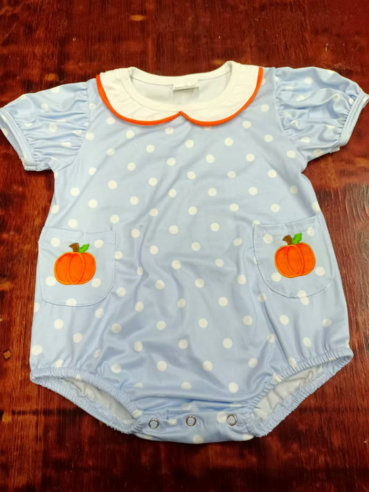 Custom moq 3 eta 6-7weeks  Light blue polka dot pumpkin pocket doll collar short-sleeved romper